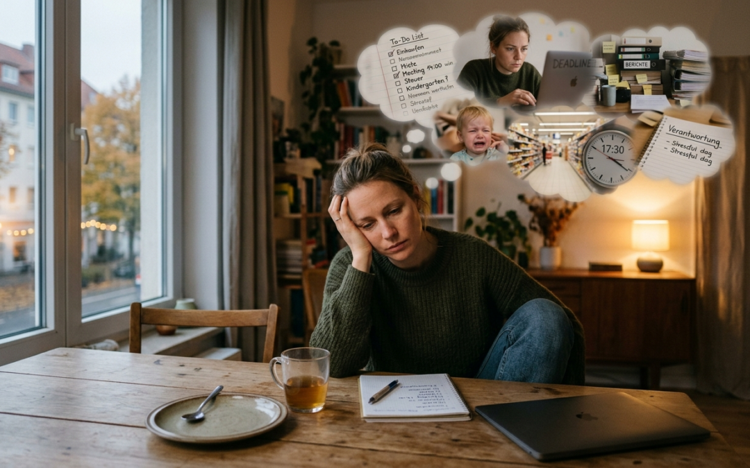 Erschöpfte Frau sitzt nachdenklich am Tisch – ständiges Funktionieren und emotionale Erschöpfung