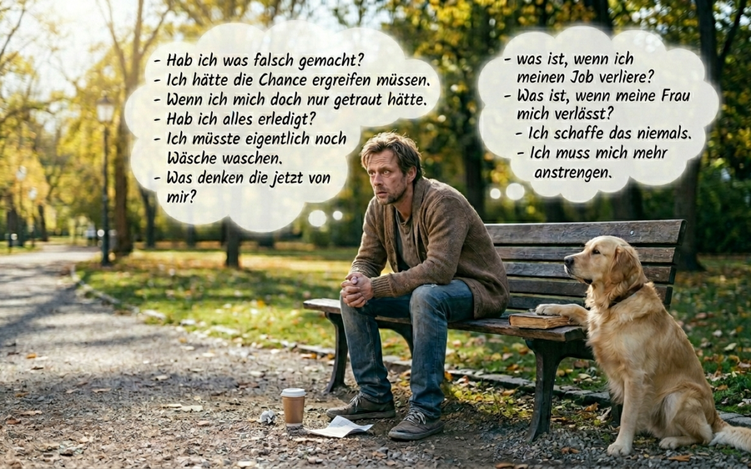 Angespannte Person im Park, die nicht abschalten kann.