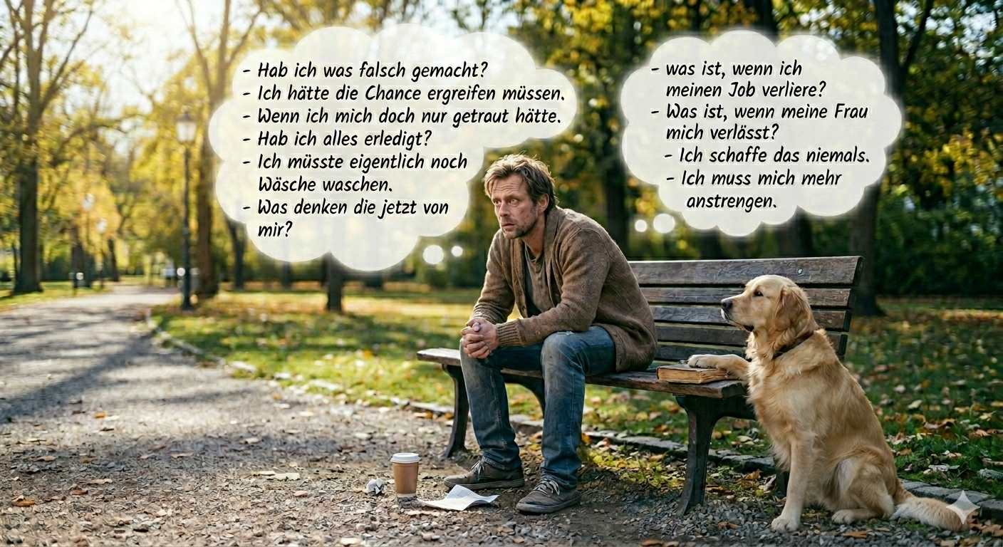 Angespannte Person im Park, die nicht abschalten kann.
